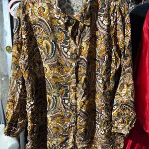 Elegant Paisley Button-Up Blouse - Yellow and Brown